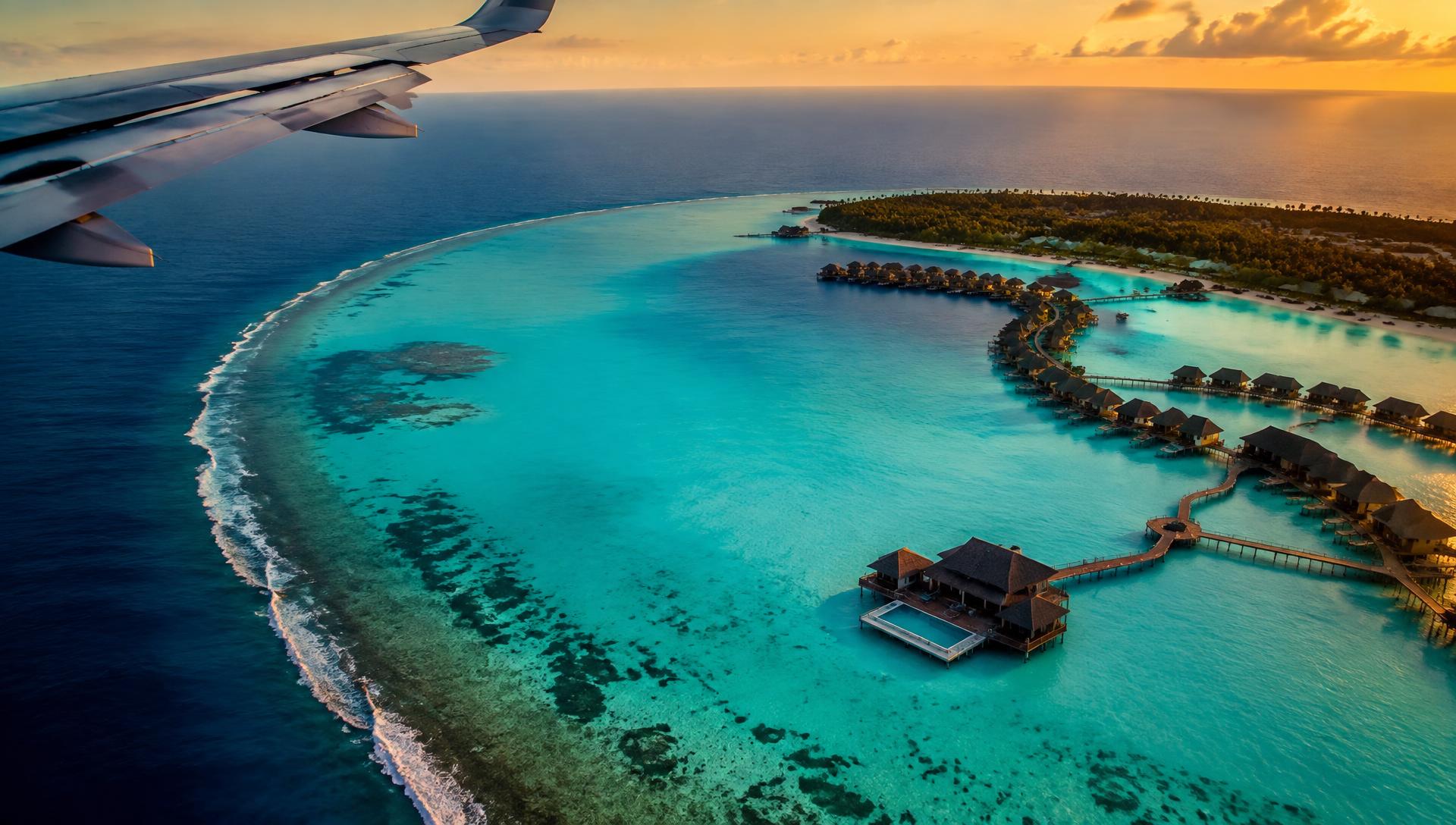 Aerial view of a tropical island resort from an airplane window